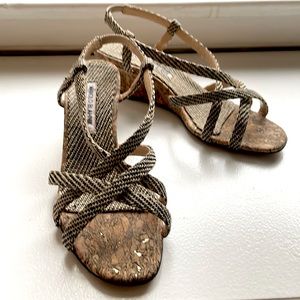 Manolo Blahnik Scarsowe Woven Raffia Leather Strap Cork Wedge Sandal